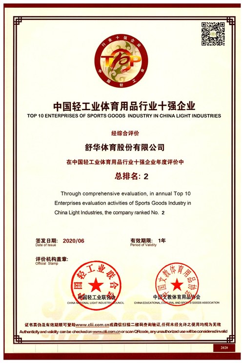 恭贺金年会体育代理的品牌-舒华荣获"中国轻工业体育用品行业十强企业"